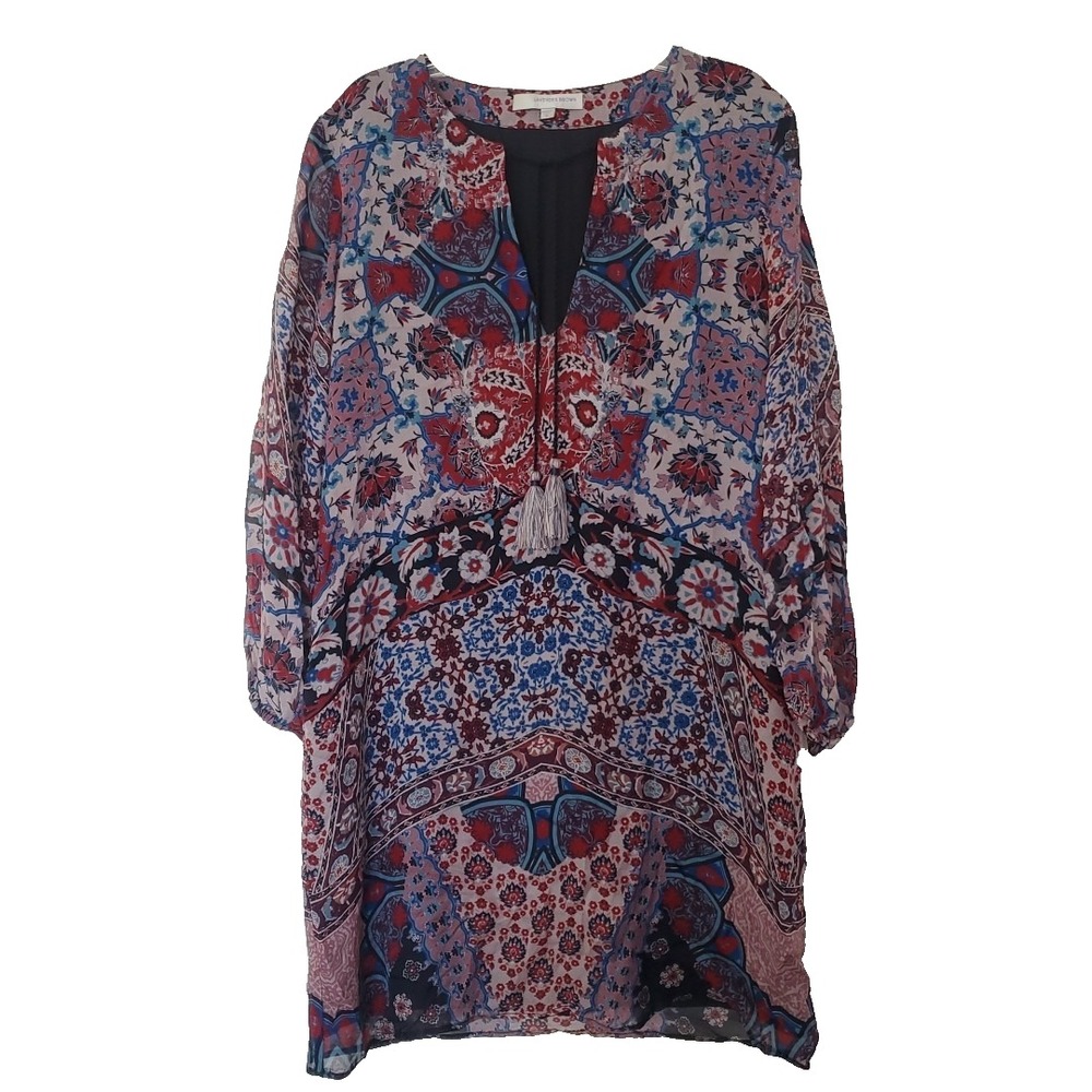 Lavender Brown Silk Paisley Floral Tassel Shift Dress Multi Color Small Made USA